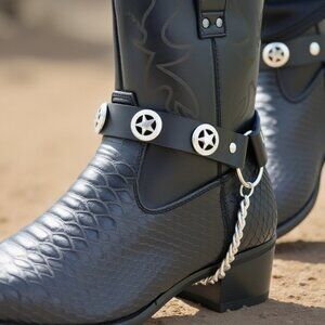 Biker Men Western Boot Silver Metal Chain Black 2 Straps Texas Lone Star Charms